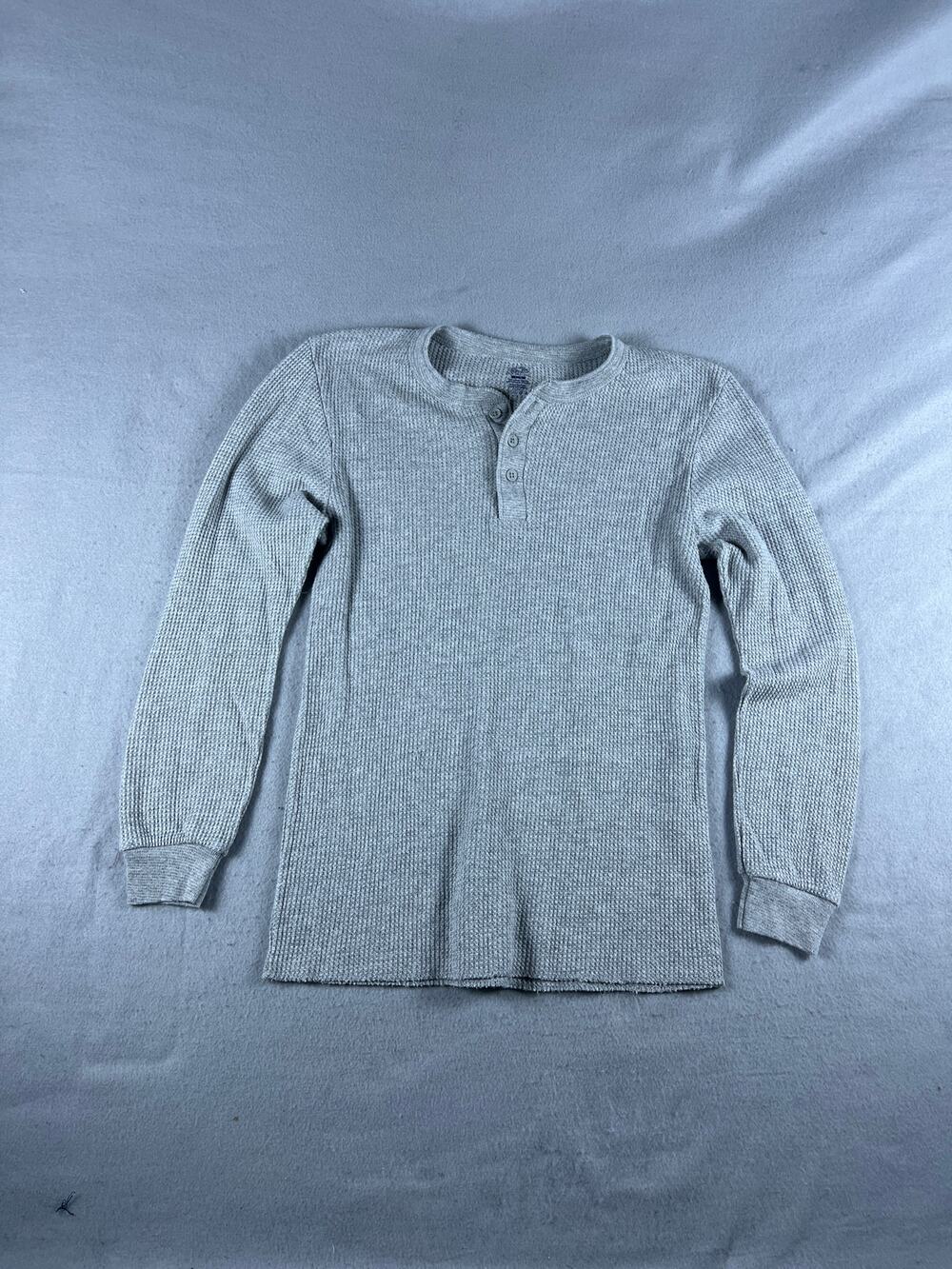 Fruit of the Loom Thermal Shirt Mens S Gray Long Sleeve Henley Waffle Knit Tee